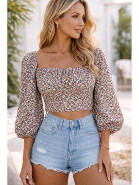 Womens Boho Peasant Milkmaid Night Out Long Puff Sleeve Ditsy Crop Top Medium